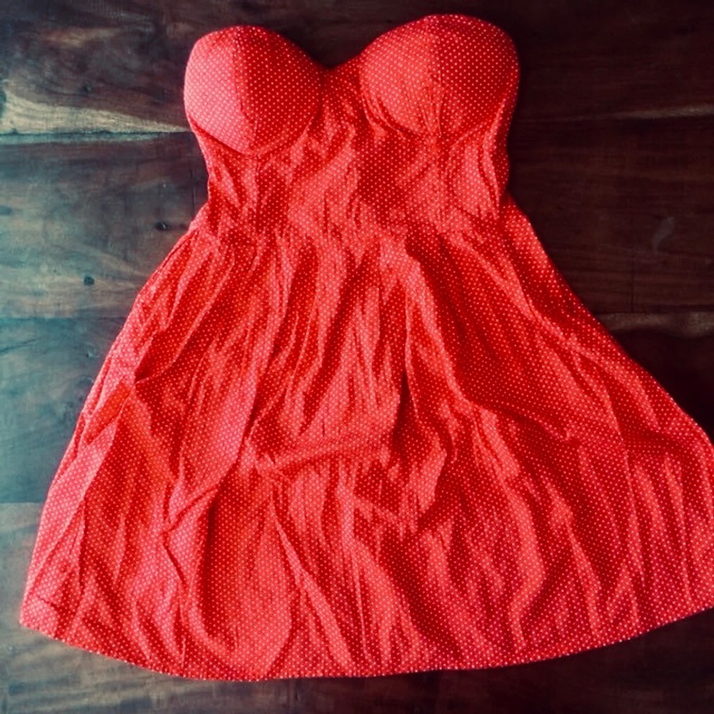Red & White Polka-dot Mini Strapless Dress